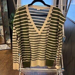 Veronica Beard Olive and Beige Striped V-Neck Sweater